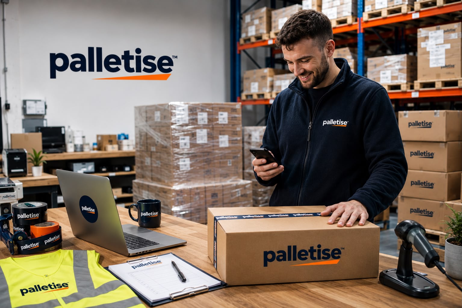 A smiling man in a Palletise-branded fleece checking a smartphone at a branded packing station in a warehouse
