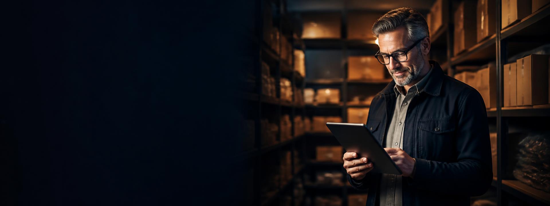 Business owner reviewing unsold boxed inventory on a tablet in a stockroom