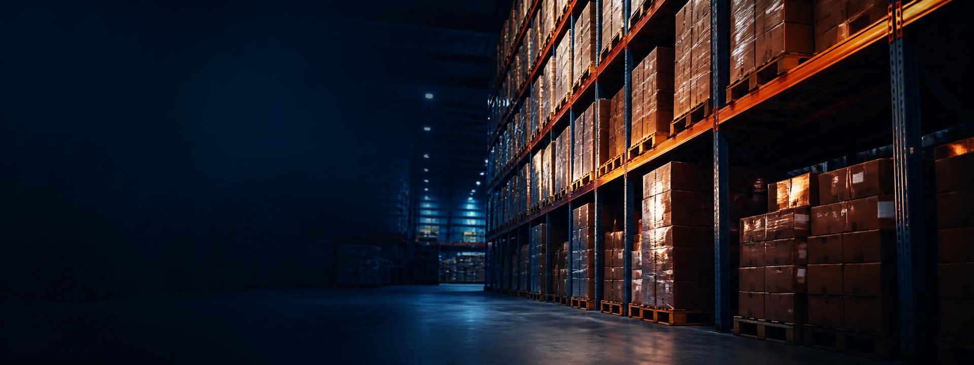 Warehouse racking loaded with shrink-wrapped pallets of wholesale stock