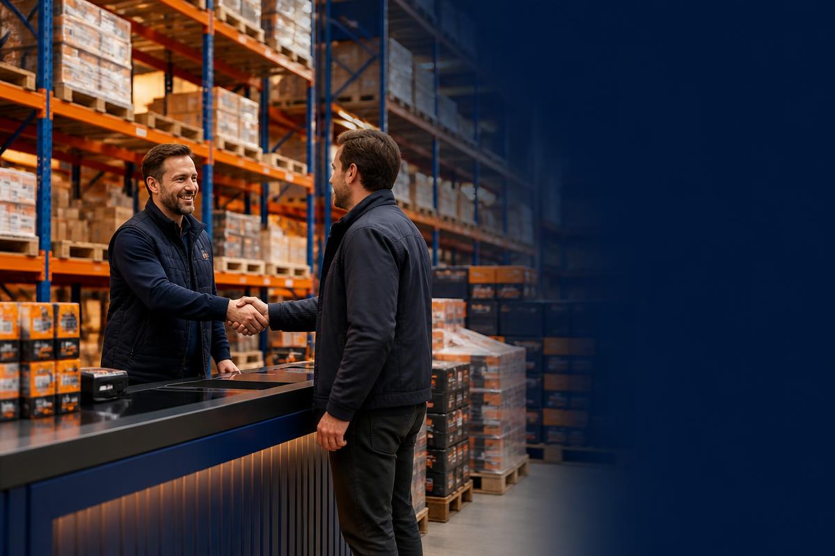 Buyer shaking hands with a warehouse manager at a wholesale trade counter